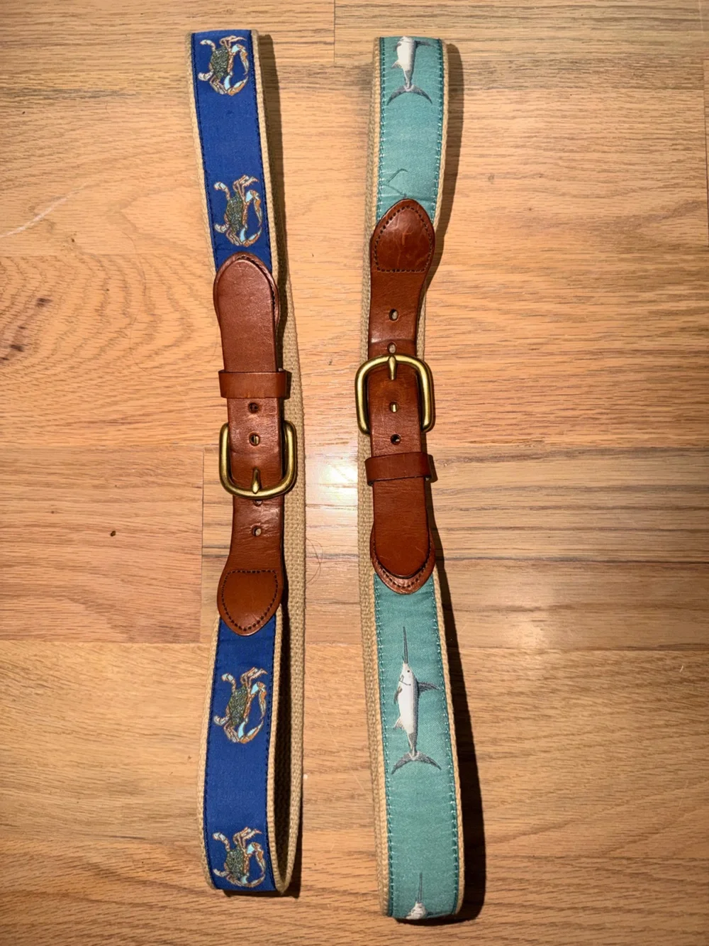 2 Leatherman Ltd Leather-Trim Nautical Canvas Ribbon Belts-Marlin and Crabs -34”